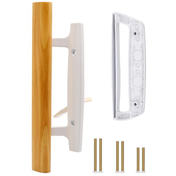 TPard Sliding Glass Patio Door Handle Replacement Set with Oak Wood Inside Handles and Zinc Diecast Outside Pull, 3-15/16" Hole Spacing, Non-Handed, White