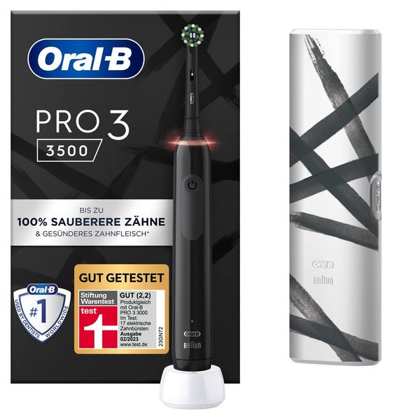 Oral-B PRO 3 3500 Elektrische Zahnbürste/Electric Toothbrush, mit 3 Putzmodi und visueller 360° Andruckkontrolle für Zahnpflege, Reiseetui stripes, Geschenk Mann/Frau, schwarz