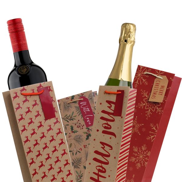 Eco 15 Pcs Kraft Bottle Christmas Wine Gift Bags Reusable Xmas Brown Paper Gift Bag with Gift Tags - 5 Christmas Pattern Designed