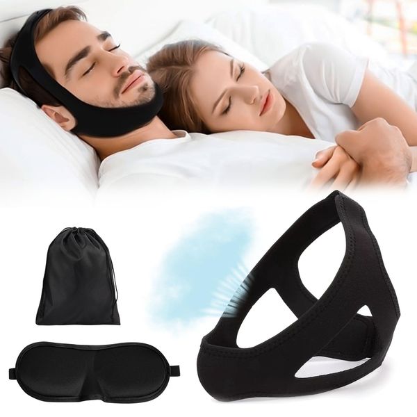 AWAVM 3-piece Set of Adjustable Anti Snoring Chin Strap, Eye Mask and Storage Bag, V-shaped Face Support Strap, Effectively Solving Snoring, Suitable for Men and Women's Anti Snoring Device