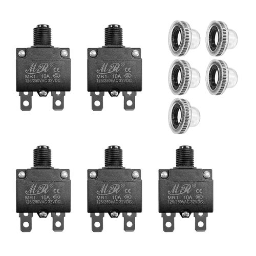 DXNQ 5 PCS Thermal Circuit Breaker, 125/250V AC 32V DC 10A Circuit Breaker with Manual Reset Push Button, Overload Protector Switch with Waterproof Cover for Car, Car Accessories