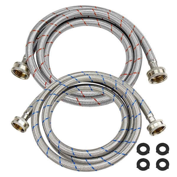 Beaquicy 6 Ft Washer Stainless Steel Hoses Braided Stainless Steel Water Supply Line - Hot and Cold Striped Water Supply Lines for Washing Machine - 2 Pack