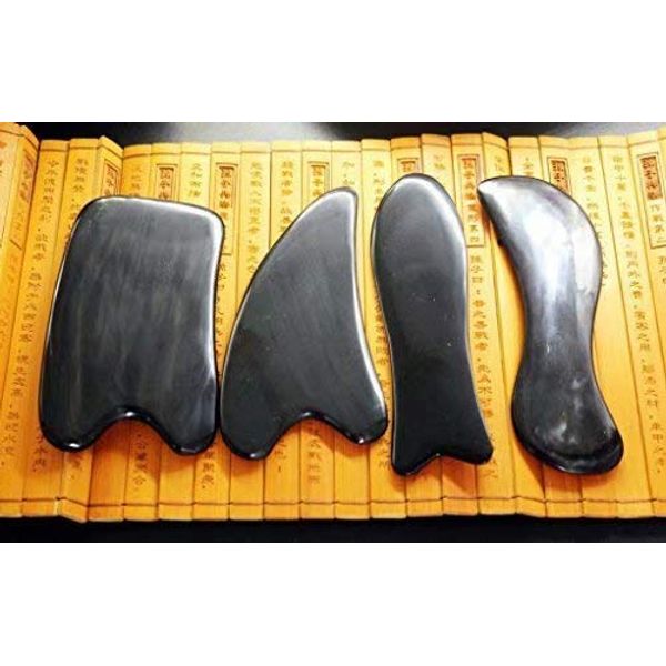 Acupress Natural Black Buffalo Horn GuaSha Scraping Massage Tools Set of 4 for SPA Acupuncture Therapy Trigger Point Treatment