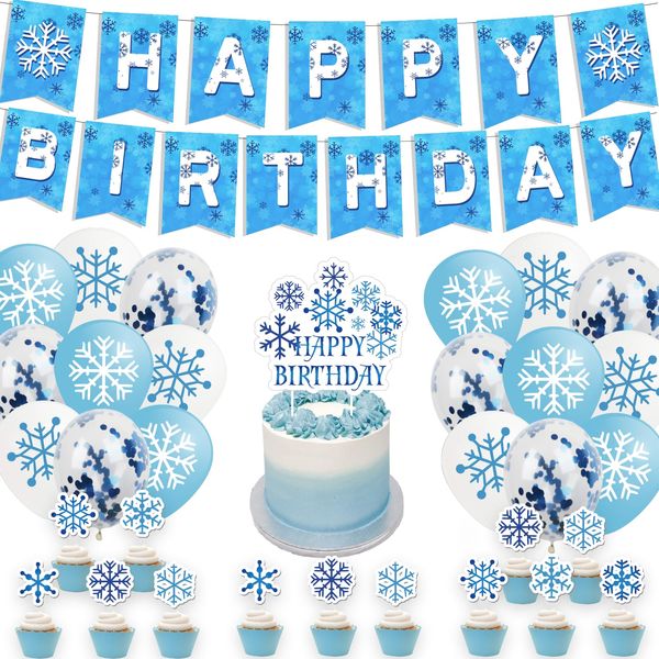 Adullpony Frozen Birthday Party Decorations - Winter Wonderland Decorations, Frozen Birthday Banner with Cake Toppers, Ballons, Frozen Birthday Party Supplies Snowflake Party Decorations