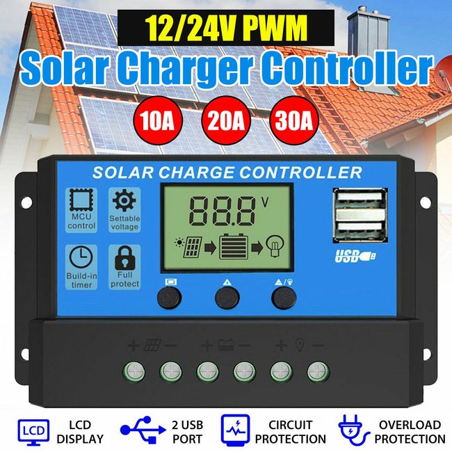 10A 20A 30A PWM Solar Charge Controller 12V/24V Solar Regulator