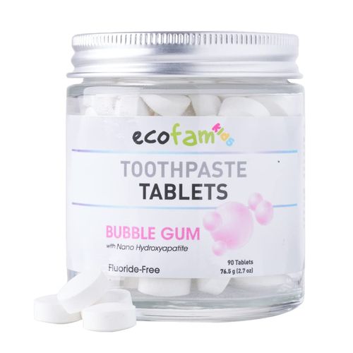 Ecofam Kids Toothpaste Chewable Tablets - 90 Natural Xylitol Tabs - Zero Waste Glass Jar - Travel Friendly - Fluoride-Free -with Nano Hydroxyapatite -Vegan - Made in The USA (Bubble Gum)