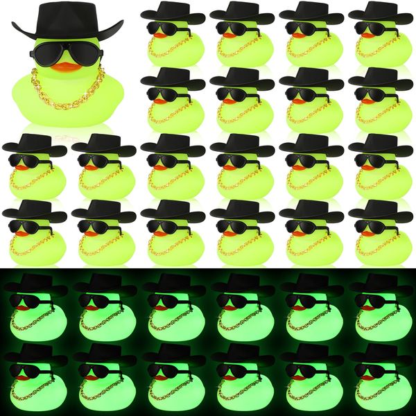 Sotiff 48 Sets Halloween Cowgirl Rubber Duck Glow in The Dark Squeaky Duck Bath Toy Car Dashboard Decorations with Mini Hat Necklace and Sunglasses for Bathtub Baby Shower Birthday Swimming