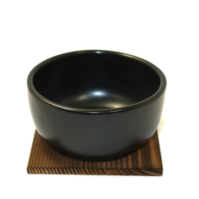 Stone Grilled Bibimbap Pot, Small (Super Heat Resistant Ceramic), Set of 2, Includes Wooden Base, Spoon, and Yatco