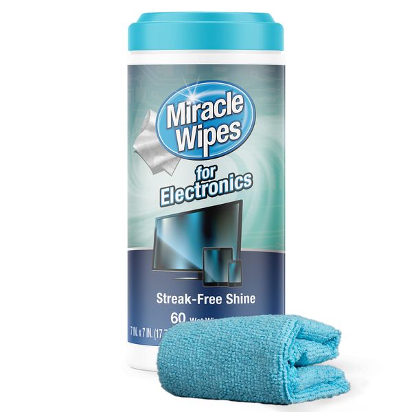 MiracleWipes for Electronics Cleaning - Screen Wipes Designed for TV, Phones, Monitors and More - Includes Microfiber Towel - (60 Count)