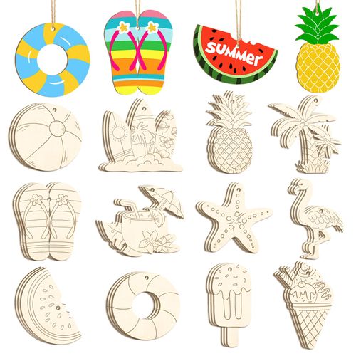 36PCS Wooden Summer Ornaments to Paint, 12 Styles DIY Blank Unfinished Wood Beach Cutouts Ornament for Crafts Hanging Decorations, Watermelon Surfboard Slippers Coconut Tree Home Decorations Gifts