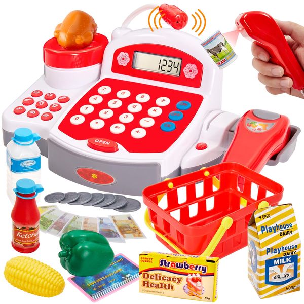 Buyger Toy Cash Register for Kids, Children Toy Till with Scanner Card Machine Lifting Vegetable Weigh Pretend Play Shop Cashier Till Accessories Gifts for Ages 3 4 5 + Years Old