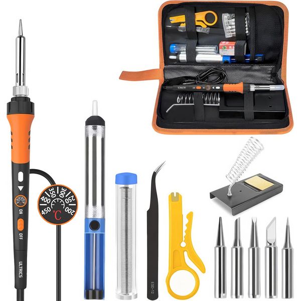 ULTRICS Soldering Iron Kit 60W Adjustable Temperature 200-450°C, 16 in 1 Electric Welding Tools, Solder Wire, 5 Soldering Tips, Desoldering Pump, Wire Stripper Cutter, Stand, Tweezers, Tool Case