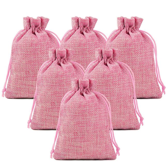 Lucky Monet 25/50/100PCS Burlap Gift Bags with Drawstring Linen Jewelry Pouches Wedding Hessian Jute Bags for Birthday Party Wedding Favors Gift Art and DIY Craft (100Pcs, Pink, 4" x 6")