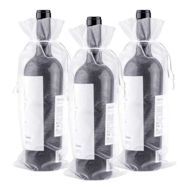 G2PLUS White Organza Wine Bottle Bags 750ml Wine Gift Bags with Drawstring for Gift Wrapping Wine Bottles - 14 x 37CM