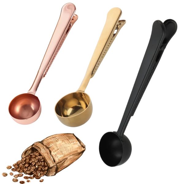 Set of 3 Stainless Steel Coffee Scoops | Gold | Black | Copper | Handle Serves as a Tight Grip for Sealing Coffee Grounds Bags | Stylish and Modern | 1 Tablespoon Size