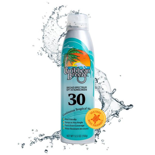 Caribbean Breeze Continuous Tropical Mist SPF 30 Sunscreen Spray, Reef Safe Sunscreen Spray, Mango Lime Scent, Up to 80 Minutes Water Resistant Spray, Paraben & Cruelty Free, 5.5 Fl Oz