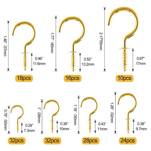FEPITO 160 Pieces Screw Hooks Ceiling Hooks Gold Multi-Size Plated Copper Metal Screwable Cup Hooks,7 Sizes