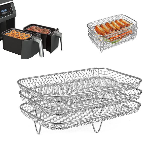 Dreischichtiges Luftfritteusen-Dörrgestell, Edelstahl Heißluftfritteuse Grillrost Dehydrate Rack kompatibel mit Ninja Foodi Heißluftfritteuse AF300EU, Multifunktional Stapelbar Zubehör für Air Fryer