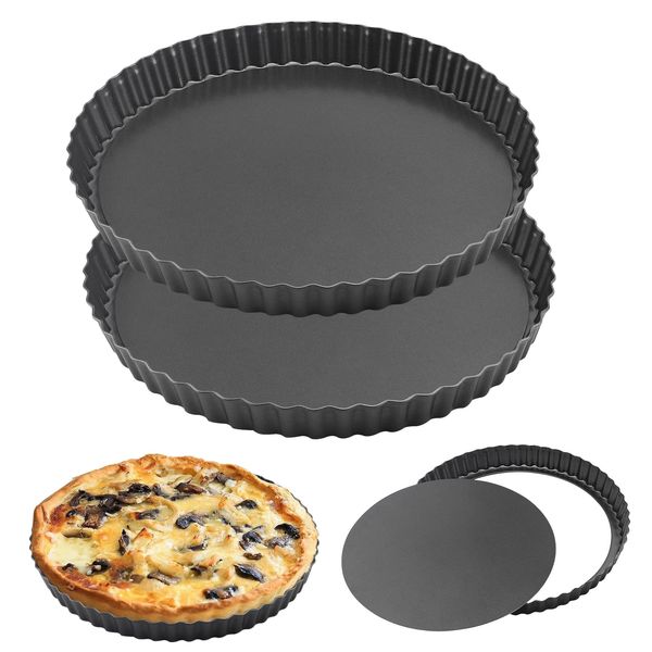 HAKZEON 2 Pack 10 Inch Non-Stick Quiche Tart Pan with Loose Bottom, Removable Quiche Dish Fluted Flan Tin for Baking Quiches, Pies, Flans, Cheese