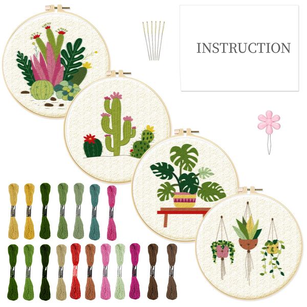 INFUNLY Beginner Adult Tropical Plant Embroidery Kit 4 Pack Cactus Embroidery Starter Kit Punch Needle Embroidery Kit Palm Leaf Cross Stitch Kit with Pattern Instructions for DIY