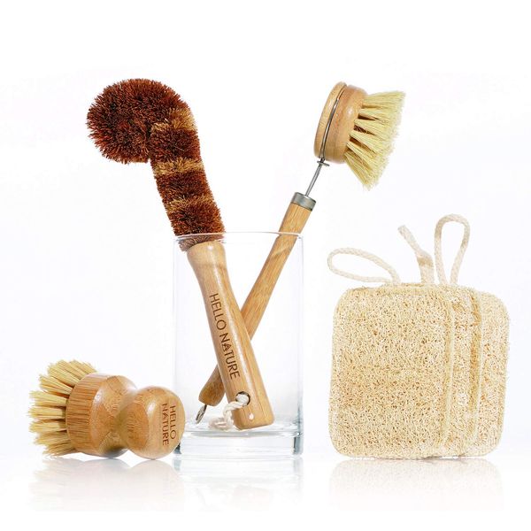 Plant-Based 6pcs Kitchen Brush Set by HELLO NATURE, Sustainable & Biodegradable Natural Fibre Bamboo Dish Brush,Bottle Brush,Pot Brush & 3 Natural Loofah Sponges, Zero-Waste,Plastic Free Kitchen Set