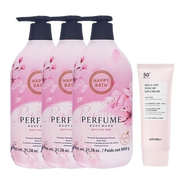 Happy Bath Romantic Cherry Blossom Perfume Body Wash 900g x3 + Art Deli Mela Cut Sun Cream 50ml