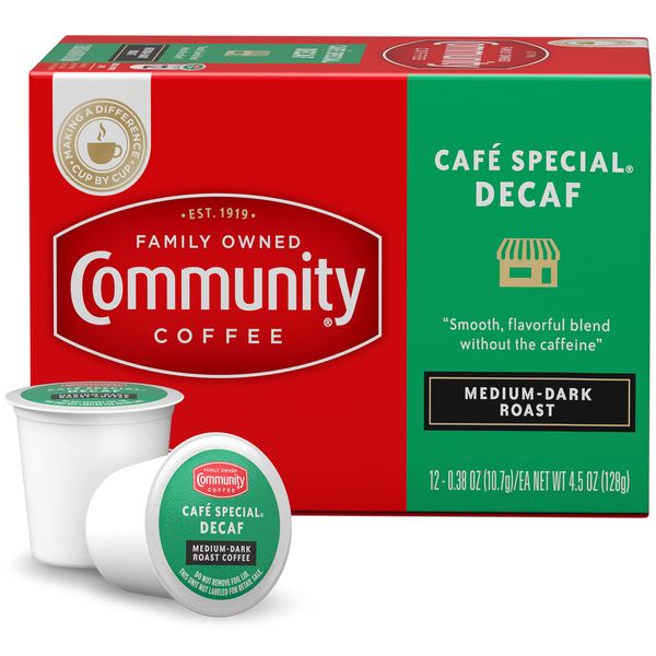 Community Coffee Café Special Decaf 12 Count Coffee Pods, Medium Dark Roast, Compatible with Keurig 2.0 K-Cup Brewers