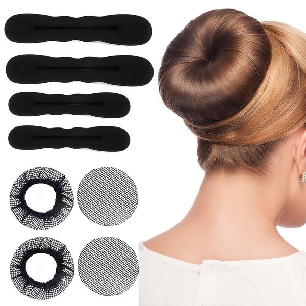 NJCXOLA 4 Stück Hair Bun Maker und 4 Stück Dutt Netz, Dutt Maker, Duttkissen, Bun Maker Magic Hair, Haarknotenmacher Haar Styling Donut Brötchen, Lockenwickler für Weddings, Schwamm Clips Haarnadel