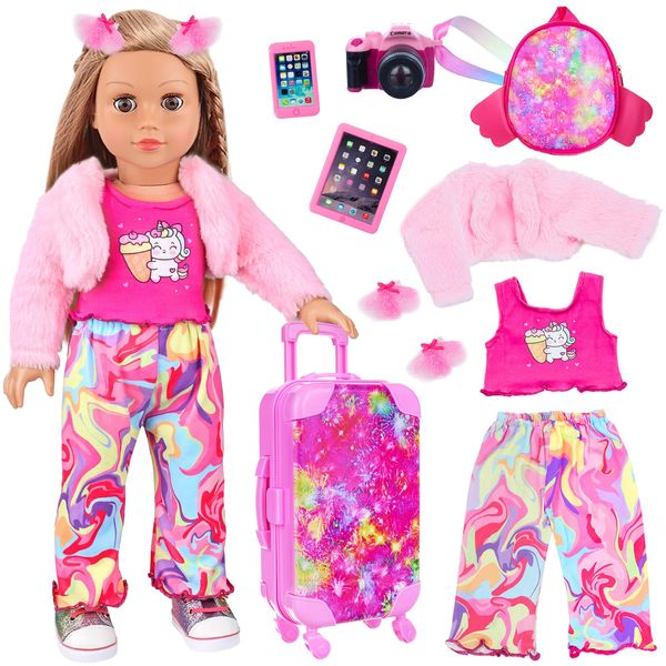 Ecore Fun American 18 Inch Doll Clothes and Accessories Doll Suitcase Set, 10 Pcs Doll Travel Play Set with Doll Backpack Clothes Hair Clips Camera Computer Phone Fit 18 Inch Dolls Girl Gifts