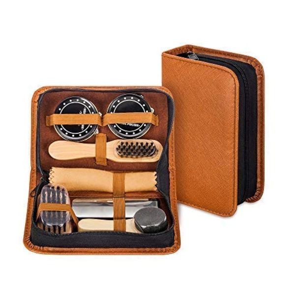 make it funwan Shoe Shine Kit with PU Leather Sleek Elegant Case, 7-Piece Travel Shoe Shine Brush kit