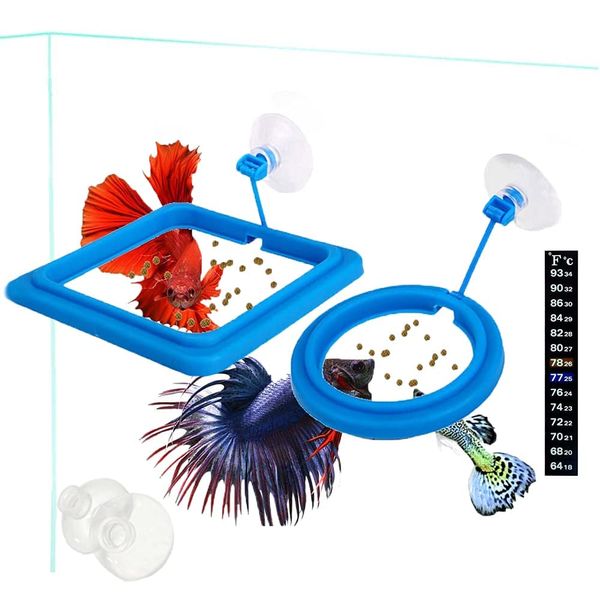 2 Pcs Fish Feeding Ring, Fish Safe Floating Food Feeder Circle Blue, with Suction Cup Easy to Install Aquarium, Square and Round Shape Fish Tank Towels - for Guppy, Betta, Goldfish, Etc. (Blue)¡­