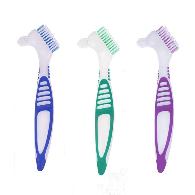 3 Pcs Denture Cleaning Brush Portable Cleaning Brush False Teeth Brushes for Denture Care Denture Cleaner with Multi-Layered Soft Bristles and Dual Angled (QIUTINGD-01)