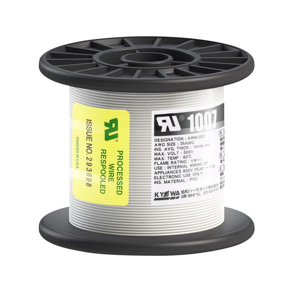 Kyowa Harmonet UL1007 AWG26 Heat Resistant Vinyl Insulated Wire, Reel Wind, 322.4 ft (100 m), White