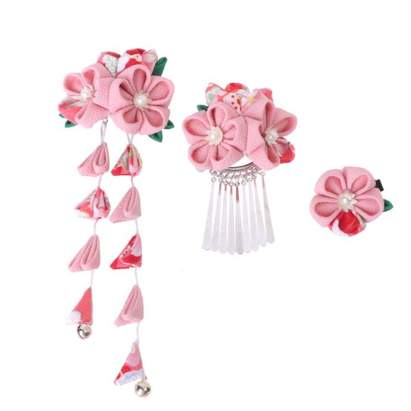 Lurrose 3pcs Japanese Kimono Flower Hair Clips Tassel Hair Hairpins Japanese Style Traditional Kimono Hair Barrettes Hair Accessories for Women (Pink)