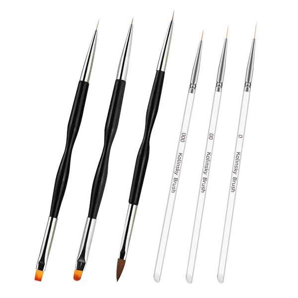 Ansodo 6 Pcs Nail Art Brushes Set,Double Ended Nail Design Tools with Painting Brushes,Stainless Steel Gel Nail Tool for Poly UV Gel Acrylic Nails Extension(Color: Black)