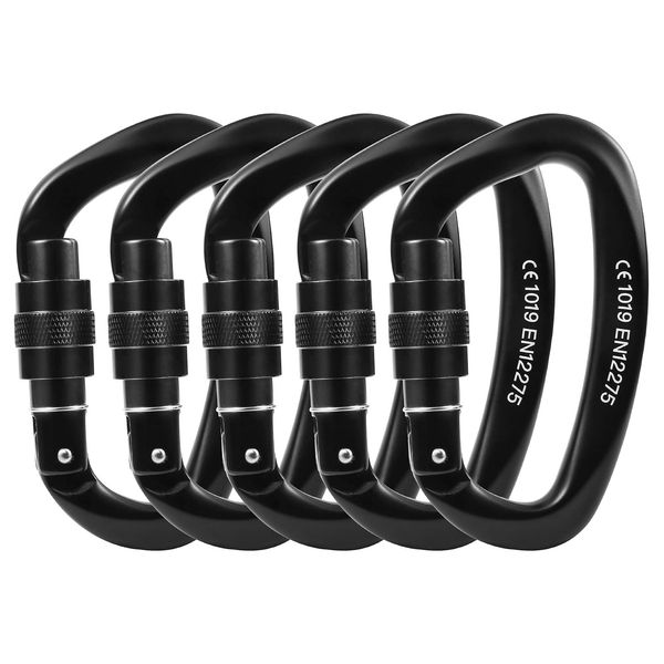 Locking Carabiner - 25kN 5600lb Climbing Carabiner Screw Gate D Shape Carabiner All Black (Pack of 5)