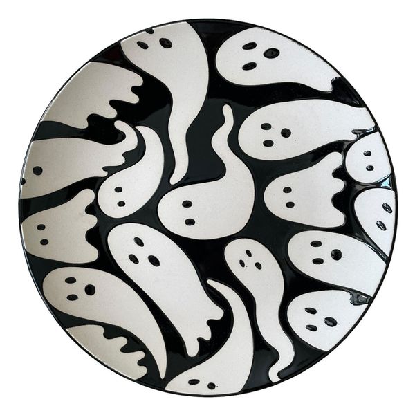 ELUM HOME Spooky Halloween Ghost Appetizer Plates Set of 4 Black & Cream NIB