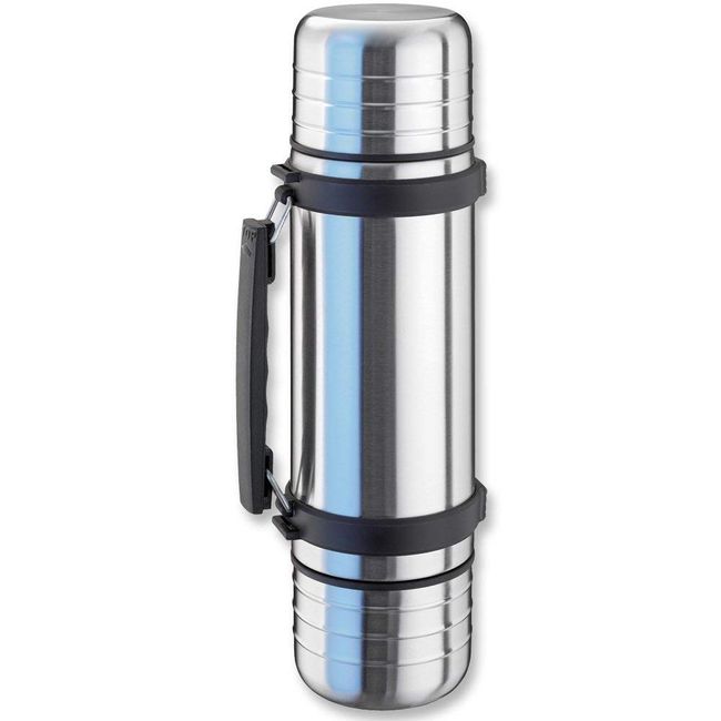 Isosteel Duo VA-9562DQ Vacuum-Insulated Thermos Flask with Quickstop Single-Hand Pouring System and 2 Screw-Off Drinking Cups 1.0 L 18/8 Stainless Steel