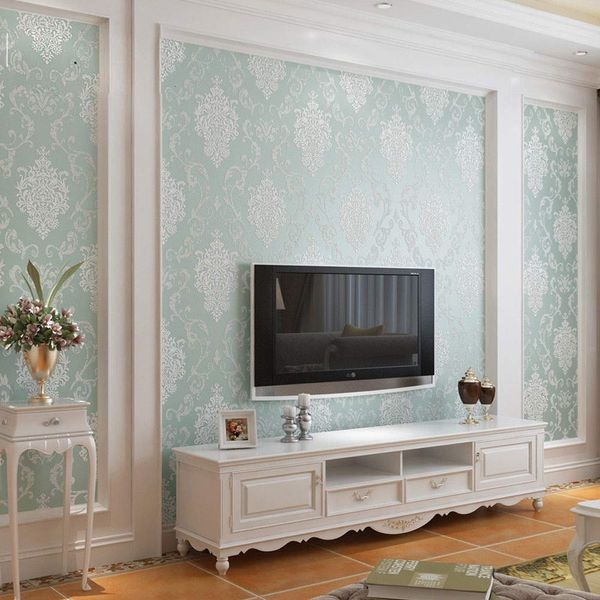 Q QIHANG European Style 3D Damask Pearl Powder Non-Woven Wallpaper Roll Light Blue Color 0.53m x 10m=5.3㎡