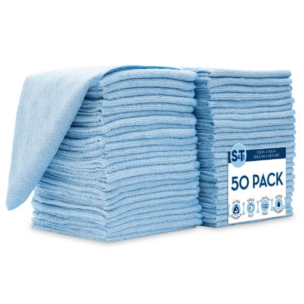 S&T INC. 50 Pack Microfiber Cleaning Cloth, Bulk Microfiber Towel for Home, Reusable and Lint Free Cloth Towels for Car, Light Blue, 11.5 Inch x 11.5 Inch, 50 Count