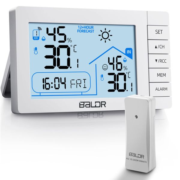 Vexloria Wetterstation Funk mit Außensensor, Digital DCF-Funkuhr Thermometer Innen Außen, Raumthermometer Innen Hygrometer mit Temperaturanzeige Beleuchtung, Wettervorhersage, Uhrzeitanzeige, Wecker