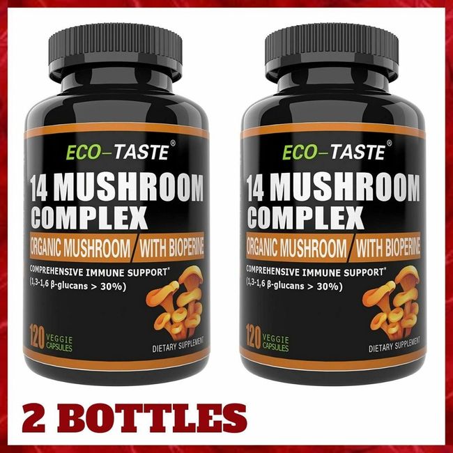 2 Bottles MUSHROOM COMPLEX Bioperine Immune System Booster 120ct Each ECO-TASTE