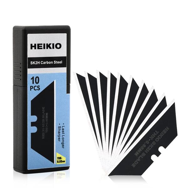 HEIKIO Utility Knife Blades, Pack of 10 Standard Replacement Blades for Heavy Duty Utility Knives and Box Cutters, Made of Black Carbon Steel, Thicker and Sharper than Normal Silver Blades