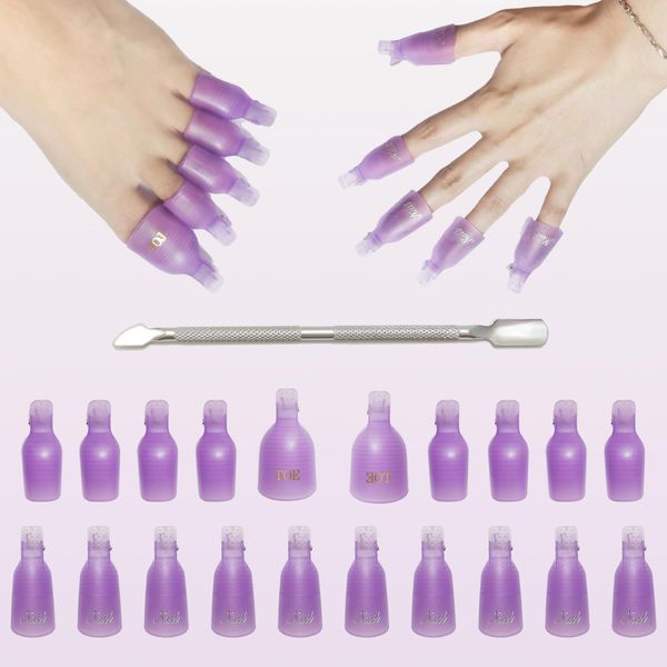 Gel Nail Polish Remover Clips, 20Pcs Nail Art Soak Off Cap Clips, Plastic Resuable Finger and Toe Nail Clips Set with Double Ended Metal Cuticle Pusher for Polish Remover, Purple