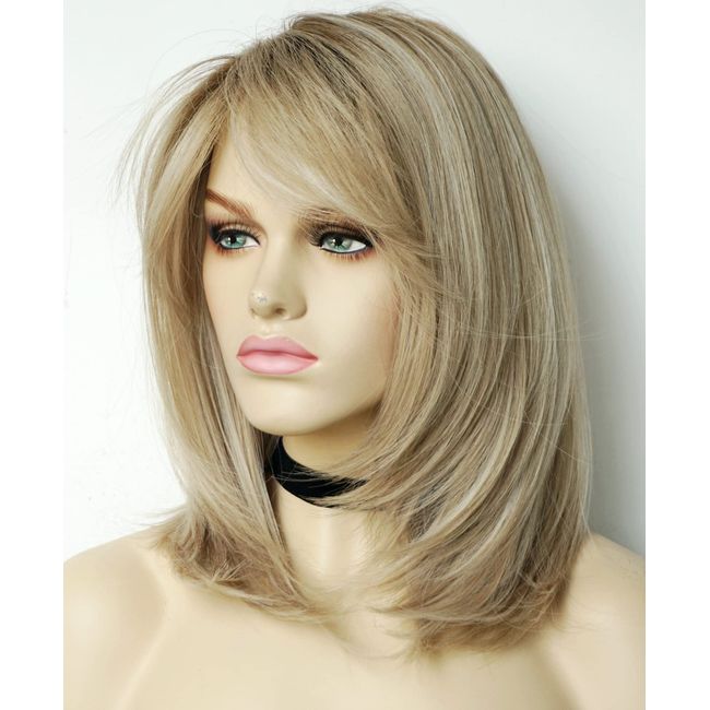 Wigs for white women blonde bob wig medium length wigs for women Sandy blonde with dark roots Synthetic wig for white Women (Sandy bob)