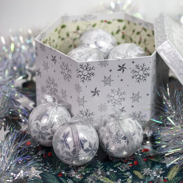 The Christmas Workshop Set of 14 Christmas Baubles/Various Festive Designs/Gift Boxed Christmas Tree Decorations / 7.5cm Diameter Baubles (White & Silver Snowflake)