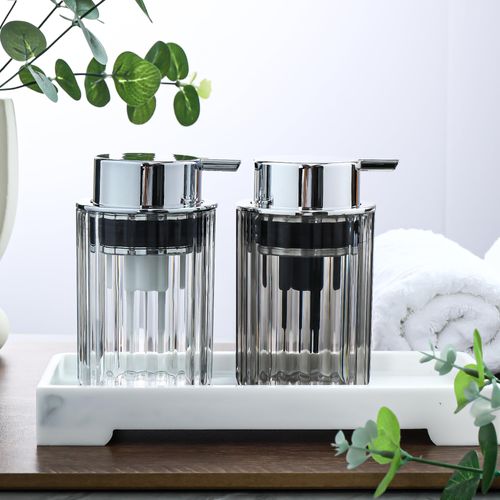 Ssiixx 7 Oz Modern Plastic Foaming Hand Soap Dispenser Set, Bathroom & Kitchen Refillable Liquid Easy to Press Soap Dispenser for Essential Oil, Shampoo, Dish Soap (Clear & Gray)