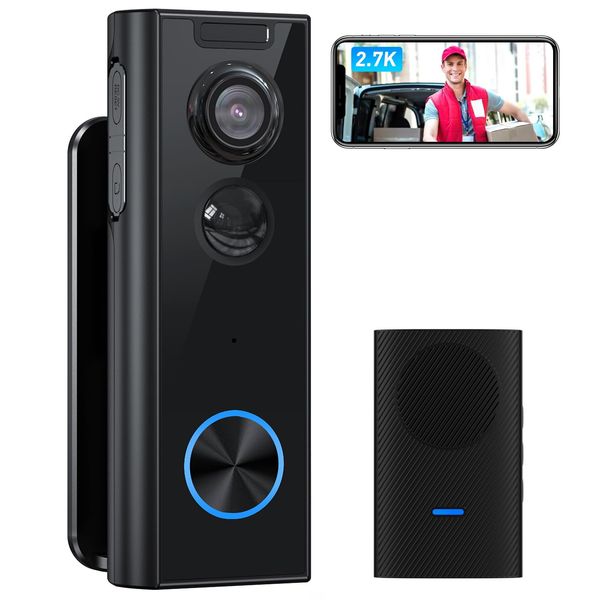 XTU Wireless Video Doorbell Camera with Chime, 2.7K HD WiFi Security Camera Door bell with Multi-angle Bracket, Battery Operated, PIR Motion Detection, 2-Way Audio, Night Vision, Works with Alexa