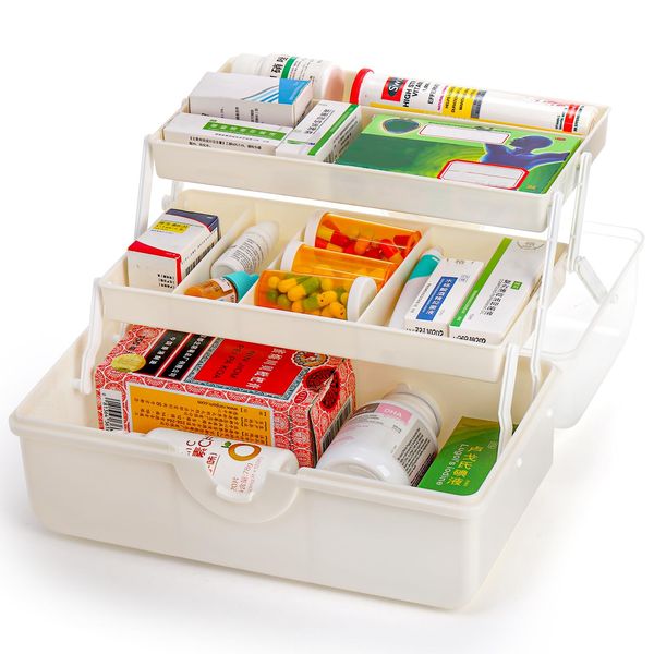 Lawei 3-Layer Medication Storage Multi-Purpose Storage Box Medicine Cabinet Portable with Handle Medicine Case Craft Box Sewing Supplies Organiser First Aid Case Medicine Box Transparent White