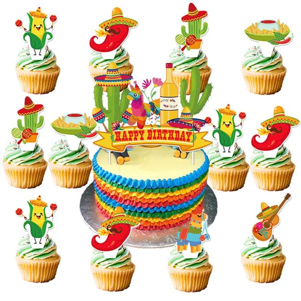 25PCS Mexican cake Party Supplies,Mexican Birthday Party Cupcake Toppers for Kids Gift Birthday Party Favors Kid's Birthday Party cake Decoration Supplies (25pcs Mexican Fiesta)